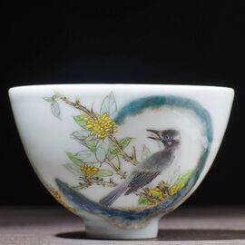 Пиала 90мл “Птица и форзиция", фарфор из Цзиндечжэнь (400032)-