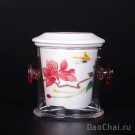 Заварочная колба 180мл "Пион и бабочка"  (фарфоровый сердечник, 蝶恋牡丹)-